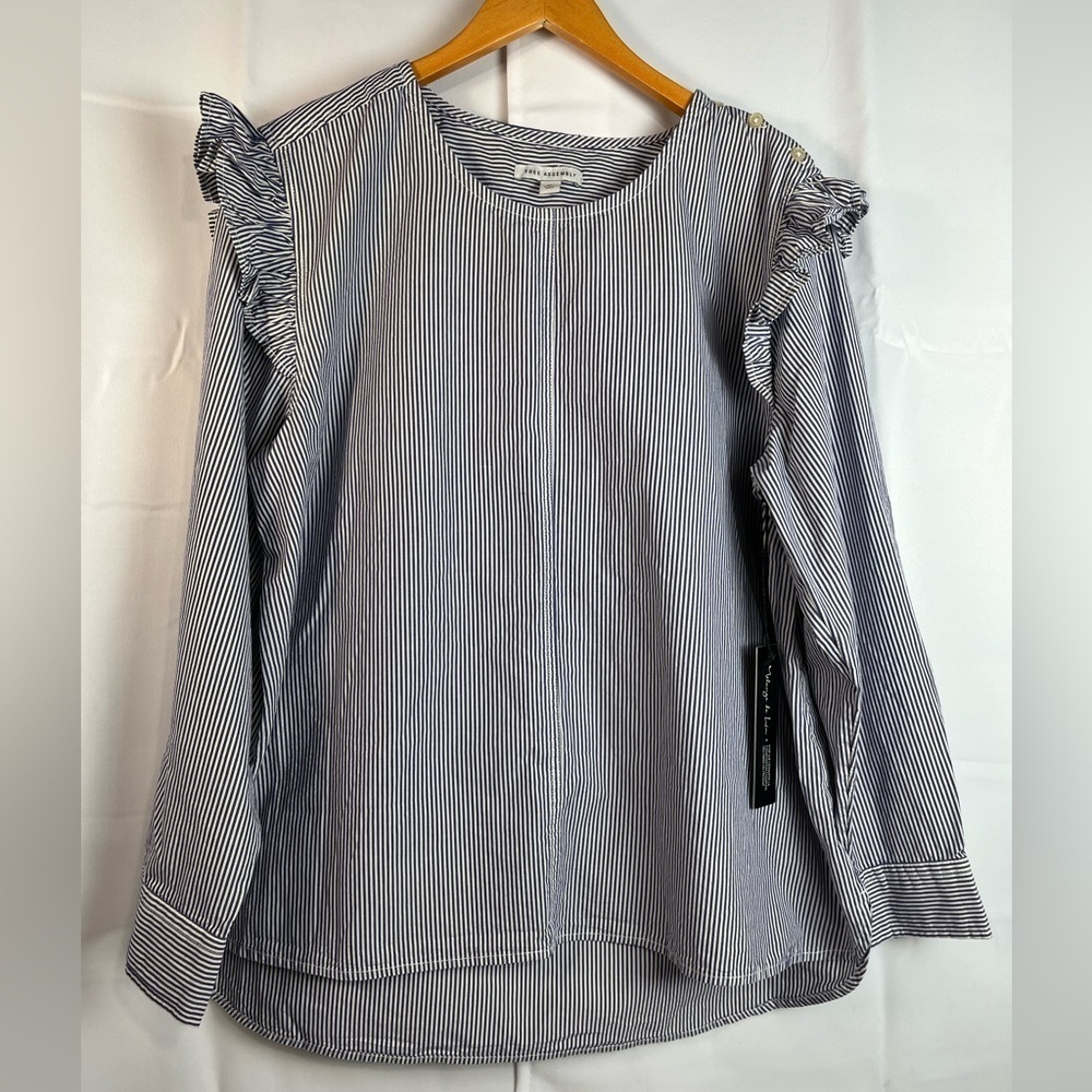 Talbots Navy Stripe Ruffle Shoulder Blouse